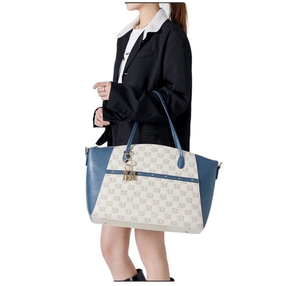 Badgley Mischka Carolina Vegan Leather Weekender Duffle Bag Blue Cream Gold